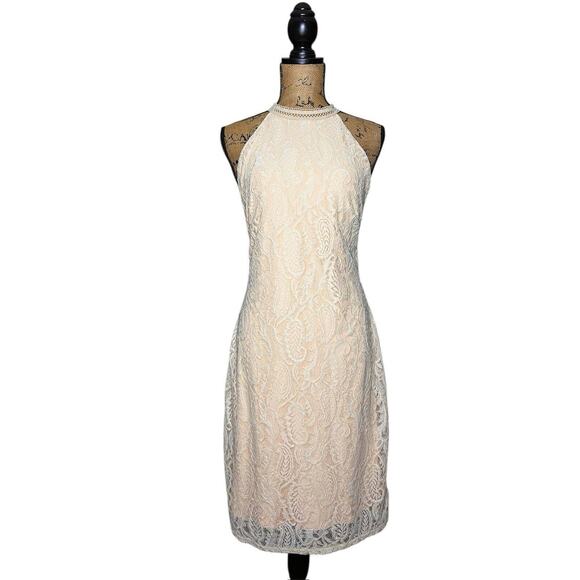 NWT GUESS DRESS BEIGE LACE OVERLAY PEACH BACKLESS LIZA MINI LARGE L - Picture 3 of 6